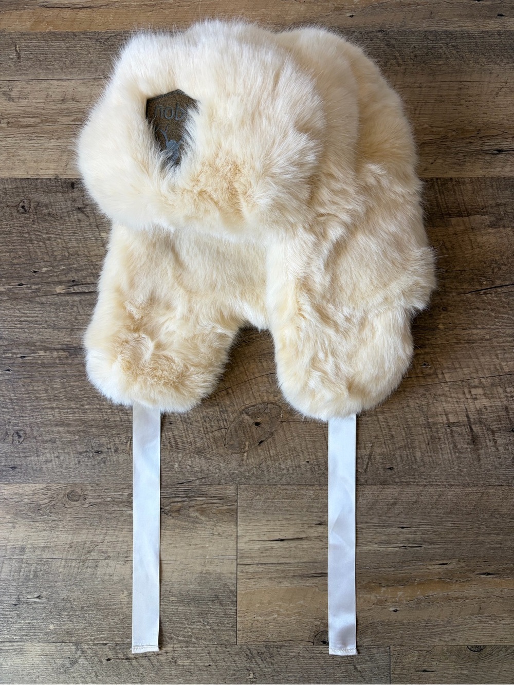 Nobis Faux Fur Sugar Lips Russian Trapper Hat In Cream with White Ribbons